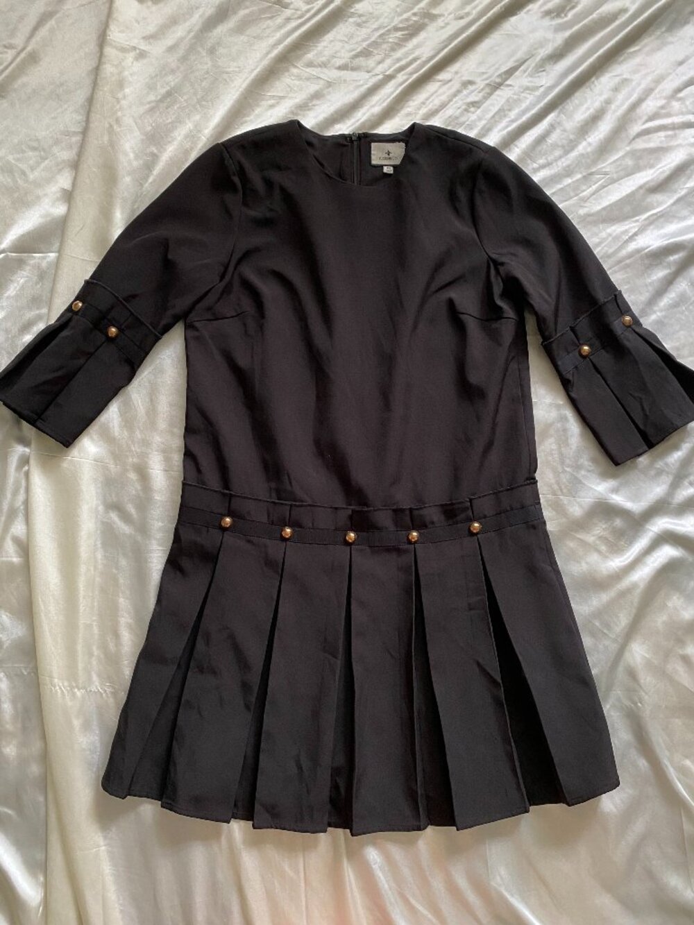 Tuckernuck Kennedy Mini Dress Black XS Preppy Pleated Gold Studs